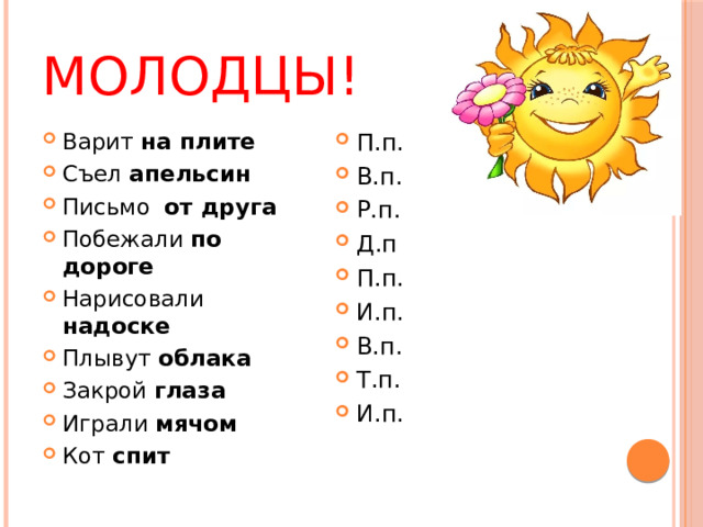 Молодцы! Варит на плите Съел апельсин Письмо от друга Побежали по дороге Нарисовали надоске Плывут облака Закрой глаза Играли мячом Кот спит  П.п. В.п. Р.п. Д.п П.п. И.п. В.п. Т.п. И.п. 