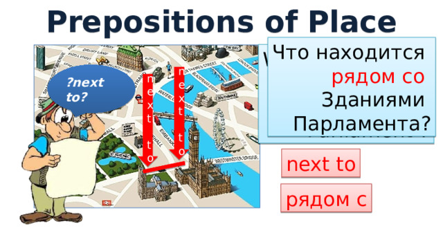 Prepositions of Place Что находится рядом со Зданиями Парламента? What is situated next to the Houses of Parliament ? ?next to? next to next to next to рядом с 