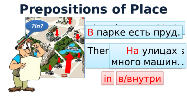 Prepositions of Place ?in? There`s a pond in it. В парке есть пруд. На улицах There are many cars много машин. in the streets. в/внутри in 