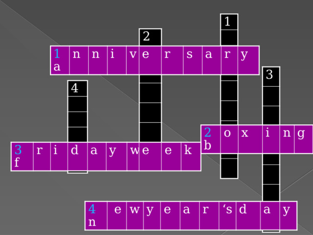 1 2 e 1 a n n i v e r s a r y 3 4 2 b o x i n g 3 f r i d a y w e e k 4 n  e w y e a r ‘ s d a y 