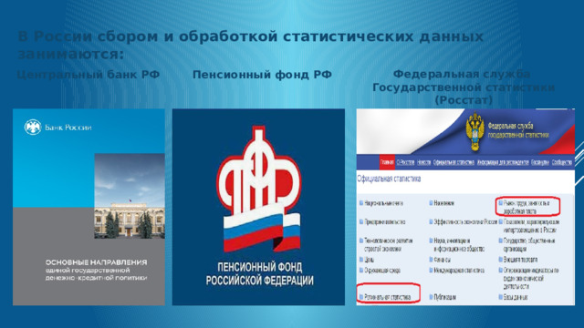 В России сбором и обработкой статистических данных занимаются: Федеральная служба Государственной статистики (Росстат) Центральный банк РФ Пенсионный фонд РФ 