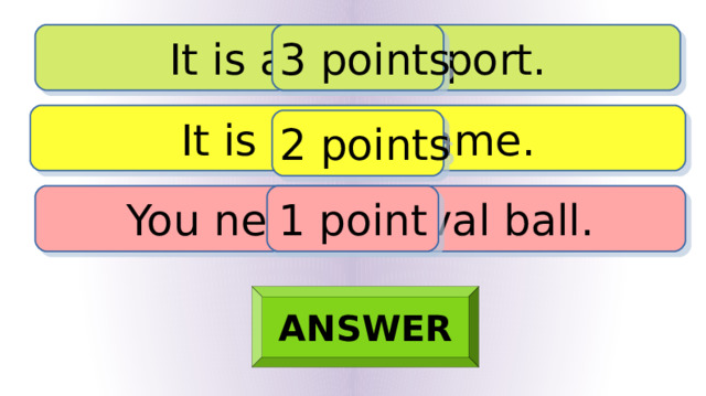 It is a team sport. 3 points It is a ball game. 2 points You need an oval ball. 1 point ANSWER 