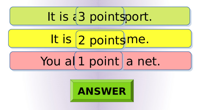 It is a team sport. 3 points It is a ball game. 2 points You also need a net. 1 point ANSWER 
