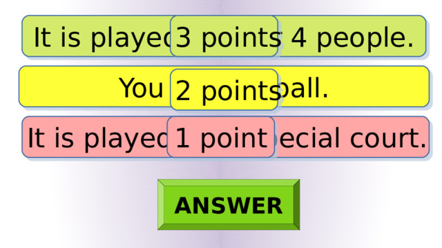 It is played by 2 or 4 people. 3 points You need a ball. 2 points It is played on a special court. 1 point ANSWER 