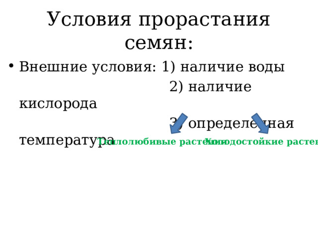Условия прорастания семян: Внешние условия: 1) наличие воды  2) наличие кислорода  3) определённая температура Теплолюбивые растения Холодостойкие растения 