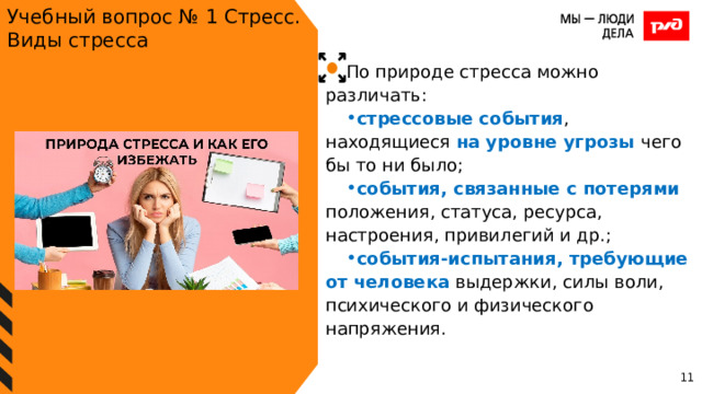 Учебный вопрос № 1 Стресс. Виды стресса По природе стресса можно различать: стрессовые события , находящиеся на уровне угрозы чего бы то ни было; события, связанные с потерями положения, статуса, ресурса, настроения, привилегий и др.; события-испытания, требующие от человека выдержки, силы воли, психического и физического напряжения. 