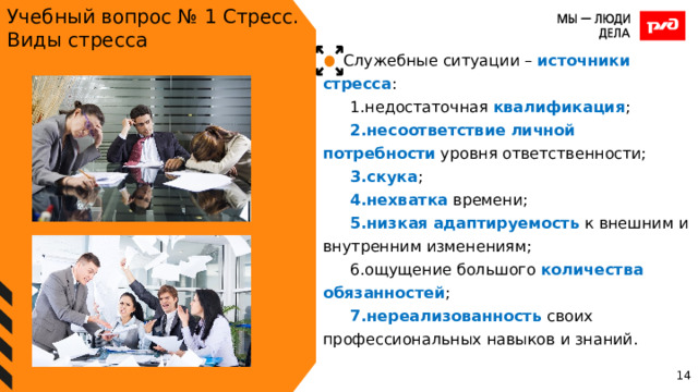 Учебный вопрос № 1 Стресс. Виды стресса Служебные ситуации – источники стресса : недостаточная квалификация ; несоответствие  личной  потребности уровня ответственности; скука ; нехватка времени; низкая  адаптируемость к внешним и внутренним изменениям; ощущение большого количества  обязанностей ; нереализованность своих профессиональных навыков и знаний. 