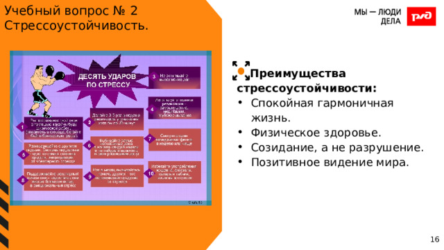 Учебный вопрос № 2 Стрессоустойчивость. Преимущества стрессоустойчивости: Спокойная гармоничная жизнь. Физическое здоровье. Созидание, а не разрушение. Позитивное видение мира. 