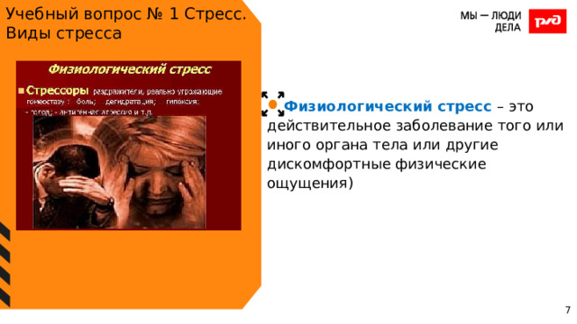 Учебный вопрос № 1 Стресс. Виды стресса Физиологический стресс – это действительное заболевание того или иного органа тела или другие дискомфортные физические ощущения) 