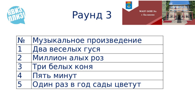 Раунд 3 № Музыкальное произведение 1 Два веселых гуся 2 Миллион алых роз 3 Три белых коня 4 Пять минут 5 Один раз в год сады цветут 