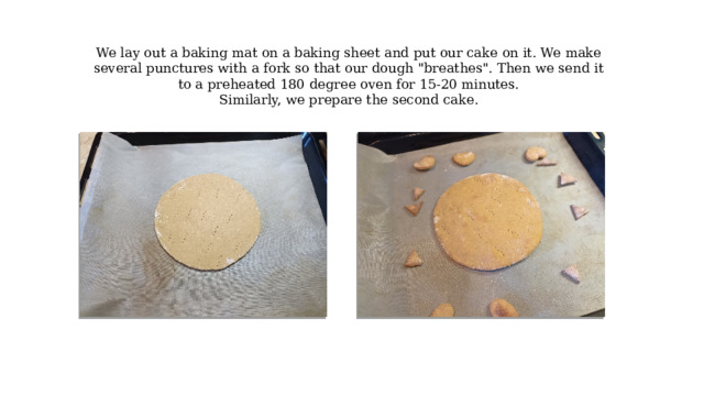 We lay out a baking mat on a baking sheet and put our cake on it. We make several punctures with a fork so that our dough 