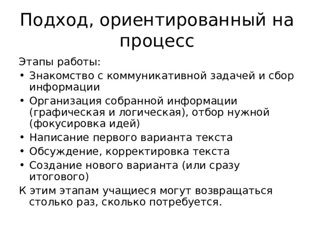 Подход, ориентированный на процесс Этапы работы: Знакомство с коммуникативной задачей и сбор информации Организация собранной информации (графическая и логическая), отбор нужной (фокусировка идей) Написание первого варианта текста Обсуждение, корректировка текста Создание нового варианта (или сразу итогового) К этим этапам учащиеся могут возвращаться столько раз, сколько потребуется. 