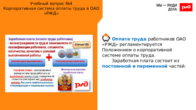 Учебный вопрос №4  Корпоративная система оплаты труда в ОАО «РЖД» Оплата труда работников ОАО «РЖД» регламентируется Положением о корпоративной системе оплаты труда. Заработная плата состоит из постоянной и переменной частей. 
