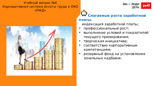 Учебный вопрос №4  Корпоративная система оплаты труда в ОАО «РЖД» Слагаемые роста заработной платы : индексация заработной платы; профессиональный рост; выполнение условий и показателей текущего премирования; творческая инициатива; соответствие корпоративным компетенциям; резервный фонд на установление зональных надбавок. 