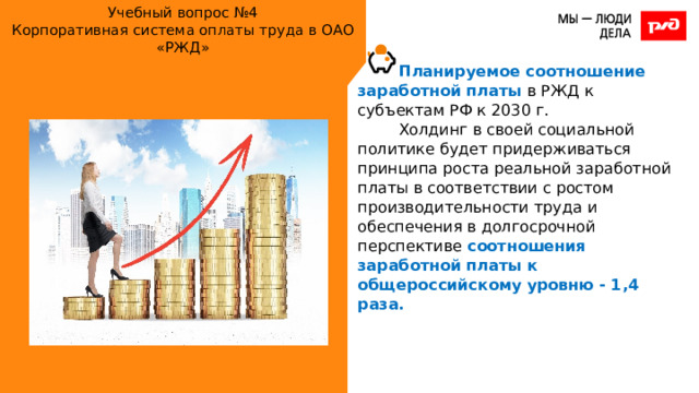Учебный вопрос №4  Корпоративная система оплаты труда в ОАО «РЖД» Планируемое соотношение заработной платы в РЖД к субъектам РФ к 2030 г. Холдинг в своей социальной политике будет придерживаться принципа роста реальной заработной платы в соответствии с ростом производительности труда и обеспечения в долгосрочной перспективе соотношения заработной платы к общероссийскому уровню - 1,4 раза. 
