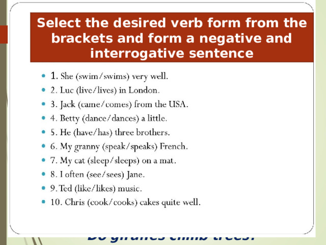 Select the desired verb form from the brackets and form a negative and interrogative sentence Do you like football?   Does a cat eat leaves?   Do doctors work in a school?   Does a fly fly?   Do giraffes climb trees?   Smirnova M.V. (Present Simple) 