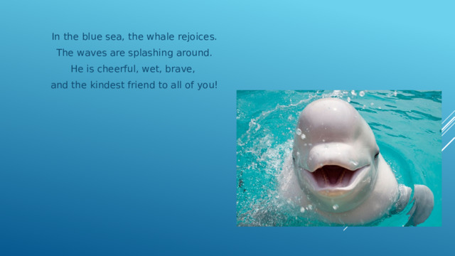 In the blue sea, the whale rejoices.  The waves are splashing around. He is cheerful, wet, brave, and the kindest friend to all of you! 