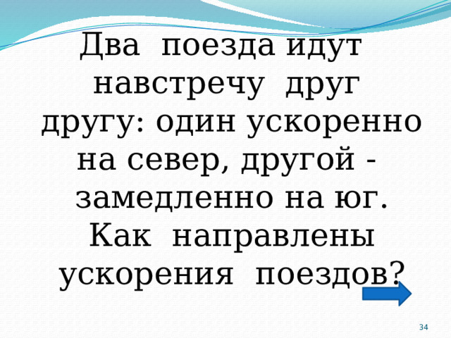 Два поезда идут навстречу друг другу: один ускоренно на север, другой - замедленно на юг. Как направлены ускорения поездов?  