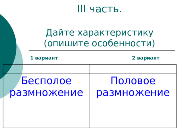 III часть.   Дайте характеристику (опишите особенности)  1 вариант 2 вариант Бесполое размножение Половое размножение 