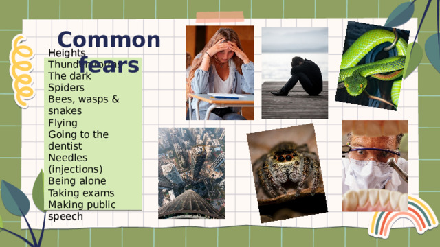 Common fears Heights Thunderstorms The dark Spiders Bees, wasps & snakes Flying Going to the dentist Needles (injections) Being alone Taking exams Making public speech 