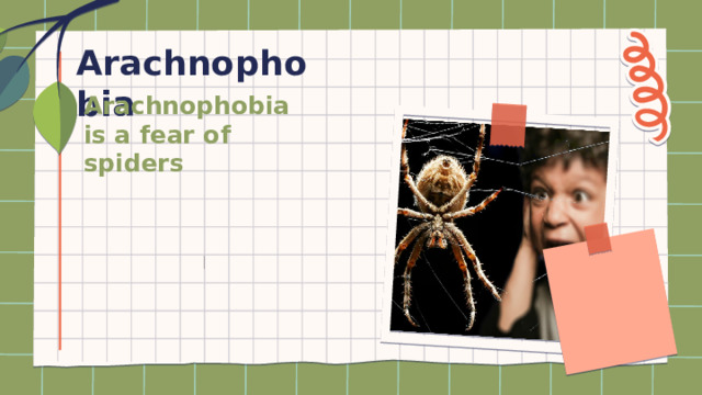 Arachnophobia Arachnophobia  is a fear of spiders 