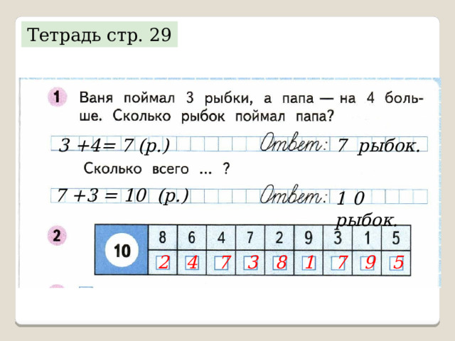 Тетрадь стр. 29 3 +4= 7 (р.) 7 рыбок. 7 +3 = 10 (р.) 1 0 рыбок. 2 4 7 3 8 1 7 9 5 