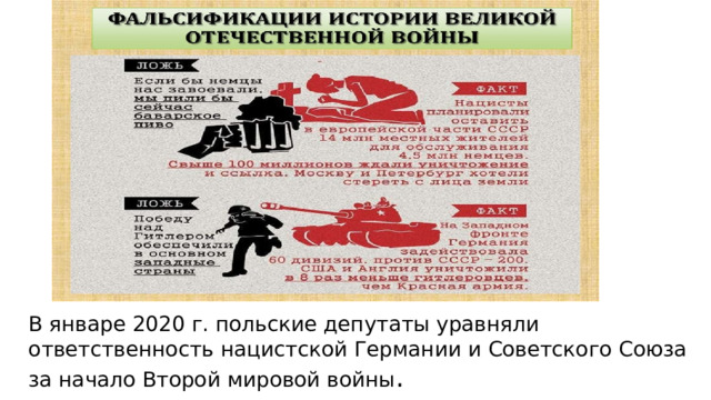 В январе 2020 г. польские депутаты уравняли ответственность нацистской Германии и Советского Союза за начало Второй мировой войны . 