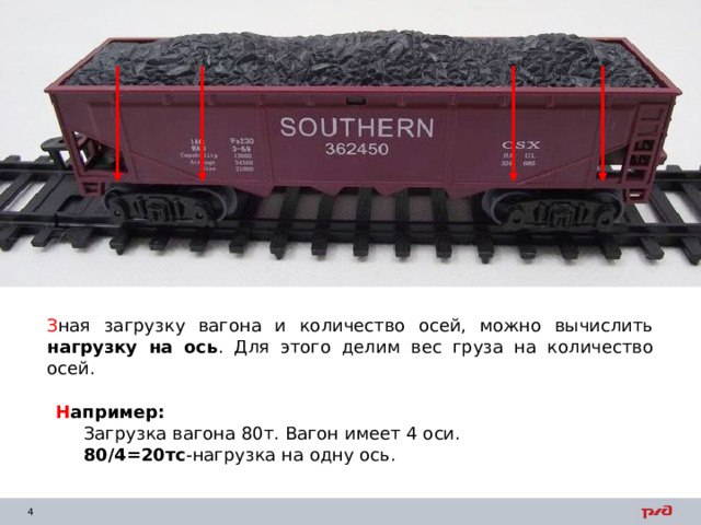 З ная загрузку вагона и количество осей, можно вычислить нагрузку на ось . Для этого делим вес груза на количество осей. Н апример:  Загрузка вагона 80т. Вагон имеет 4 оси.  80/4=20тс -нагрузка на одну ось. 