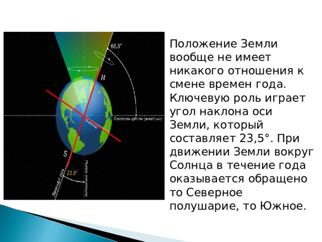 Положение Земли вообще не имеет никакого отношения к смене времен  года. Ключевую роль играет угол наклона оси Земли, который составляет 23,5°. При движении Земли вокруг Солнца в течение года оказывается обращено то Северное полушарие, то Южное. 