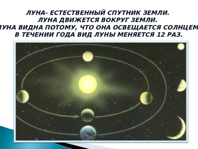 ЛУНА- ЕСТЕСТВЕННЫЙ СПУТНИК ЗЕМЛИ. ЛУНА ДВИЖЕТСЯ ВОКРУГ ЗЕМЛИ. ЛУНА ВИДНА ПОТОМУ, ЧТО ОНА ОСВЕЩАЕТСЯ СОЛНЦЕМ. В ТЕЧЕНИИ ГОДА ВИД ЛУНЫ МЕНЯЕТСЯ 12 РАЗ. 