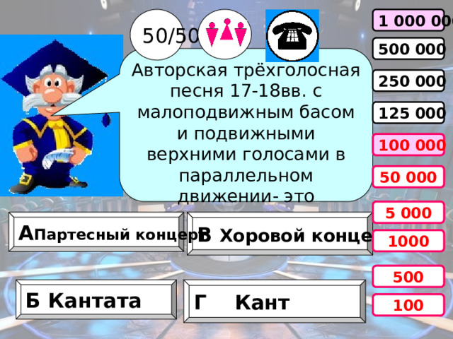 50/50 1 000 000 500 000 Авторская трёхголосная песня 17-18вв. с малоподвижным басом и подвижными верхними голосами в параллельном движении- это 250 000 125 000 100 000 50 000 5 000 А Партесный концерт В Хоровой концерт 1000 500 Г Кант Б Кантата 100 