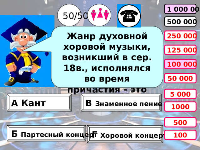 50/50 1 000 000 500 000 Жанр духовной хоровой музыки, возникший в сер. 18в., исполнялся во время причастия - это 250 000 125 000 100 000 50 000 5 000 А Кант В Знаменное пение 1000 500 Б Партесный концерт Г Хоровой концерт 100 