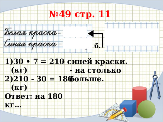 № 49 стр. 11 б. - синей краски. 30 • 7 = 210 (кг) 210 - 30 = 180 (кг) Ответ: на 180 кг… - на столько больше. 