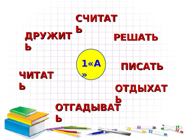 СЧИТАТЬ ДРУЖИТЬ РЕШАТЬ 1«А» ПИСАТЬ ЧИТАТЬ ОТДЫХАТЬ ОТГАДЫВАТЬ 