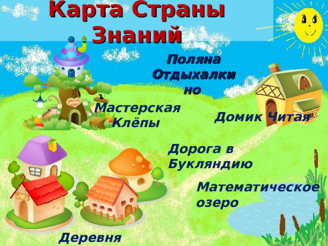Карта Страны Знаний Поляна Отдыхалкино  Мастерская Клёпы  Домик Читая  Дорога в Букляндию  Математическое озеро  Деревня Всезнаек  