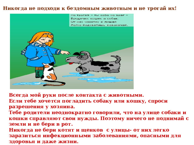 Никогда не подходи к бездомным животным и не трогай их! Всегда мой руки после контакта с животными. Если тебе хочется погладить собаку или кошку, спроси разрешения у хозяина. Тебе родители неоднократно говорили, что на улице собаки и кошки справляют свои нужды. Поэтому ничего не поднимай с земли и не бери в рот. Никогда не бери котят и щенков с улицы- от них легко заразиться инфекционными заболеваниями, опасными для здоровья и даже жизни. Если тебя укусила собака или поцарапала кошка, скажи родителям и обратись за медицинской помощью. 