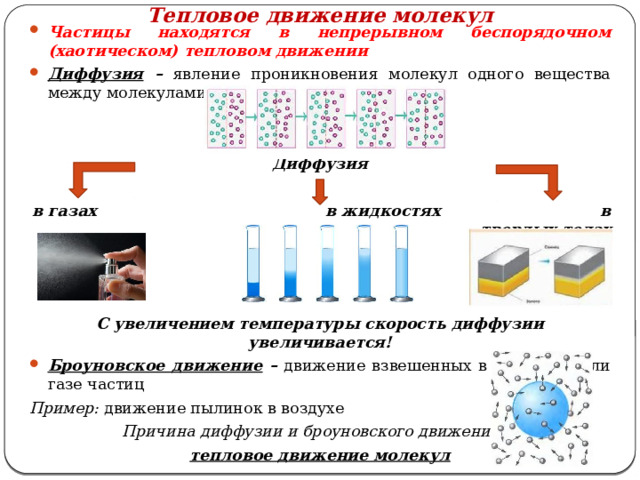 Тепловое движение молекул Частицы находятся в непрерывном беспорядочном (хаотическом) тепловом движении Диффузия – явление проникновения молекул одного вещества между молекулами другого   Диффузия  в газах в жидкостях в твердых телах    С увеличением температуры скорость диффузии увеличивается! Броуновское движение – движение взвешенных в жидкости или газе частиц Пример: движение пылинок в воздухе Причина диффузии и броуновского движения – тепловое движение молекул  