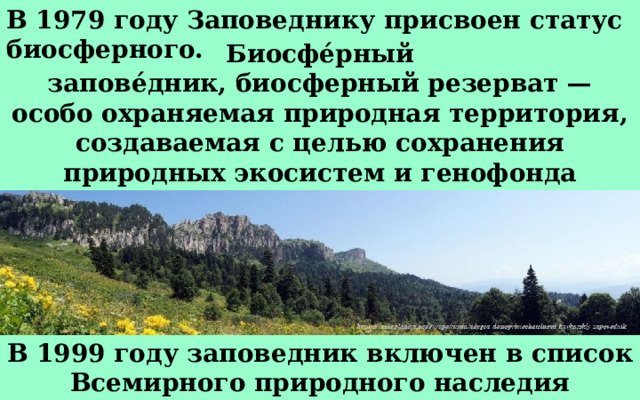 В 1979 году Заповеднику присвоен статус биосферного. Биосфе́рный запове́дник, биосферный резерват — особо охраняемая природная территория, создаваемая с целью сохранения природных экосистем и генофонда данного региона, изучения и мониторинга природной среды в нём и на примыкающих к нему территориях. В 1999 году заповедник включен в список Всемирного природного наследия ЮНЕСКО 