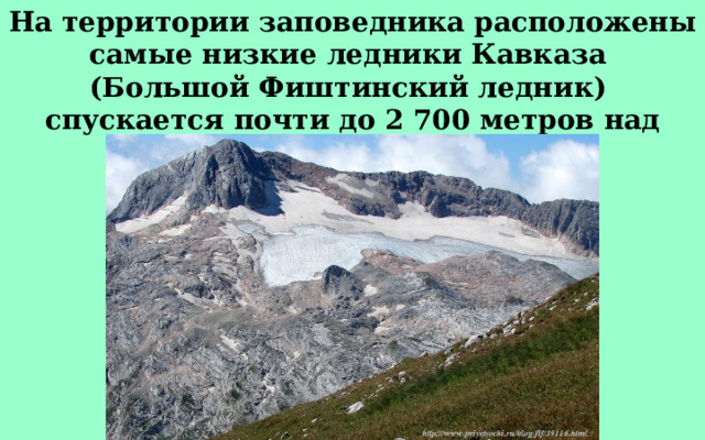 На территории заповедника расположены самые низкие ледники Кавказа (Большой Фиштинский ледник)  спускается почти до 2 700 метров над уровнем моря. 