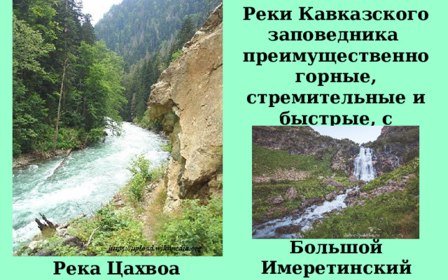 Реки Кавказского заповедника преимущественно горные, стремительные и быстрые, с порогами и водопадами. Большой Имеретинский водопад Река Цахвоа 