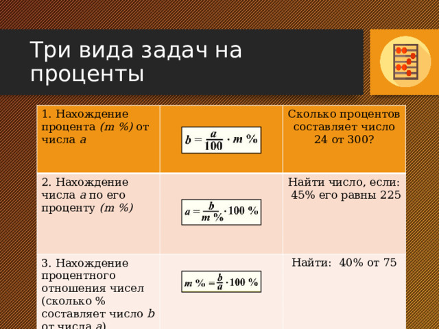 Три вида задач на проценты 1. Нахождение процента (m %) от числа а  2. Нахождение числа а по его проценту (m %)   Сколько процентов составляет число 24 от 300? 3. Нахождение процентного отношения чисел (сколько % составляет число b от числа а ) Найти число, если: 45% его равны 225 Найти: 40% от 75 