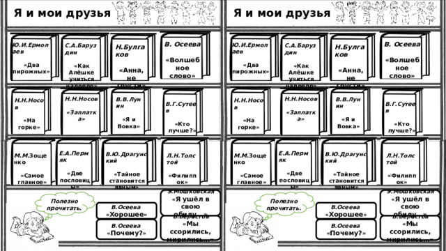 Я и мои друзья Я и мои друзья В. Осеева В. Осеева   «Волшебное слово» «Волшебное слово» Ю.И.Ермолаев Ю.И.Ермолаев   «Два пирожных» «Два пирожных» С.А.Баруздин С.А.Баруздин   «Как Алёшке учиться надоело» «Как Алёшке учиться надоело» Н.Булгаков Н.Булгаков   «Анна, не грусти» «Анна, не грусти» Н.Н.Носов Н.Н.Носов   «Заплатка» «Заплатка» В.В.Лунин В.В.Лунин   «Я и Вовка» «Я и Вовка» Н.Н.Носов Н.Н.Носов   «На горке» «На горке» В.Г.Сутеев В.Г.Сутеев   «Кто лучше?» «Кто лучше?» Е.А.Пермяк Е.А.Пермяк   «Две пословицы» «Две пословицы» В.Ю.Драгунский В.Ю.Драгунский   «Тайное становится явным» «Тайное становится явным» М.М. Зощенко Л.Н.Толстой М.М. Зощенко Л.Н.Толстой     «Филиппок» «Самое главное» «Филиппок» «Самое главное» Э.Мошковская Э.Мошковская « Я ушёл в свою обиду…» « Я ушёл в свою обиду…» Полезно прочитать. Полезно прочитать. В.Осеева В.Осеева « Хорошее » « Хорошее » В.Берестов В.Берестов « Мы ссорились, мирились…» « Мы ссорились, мирились…» В.Осеева В.Осеева « Почему? » « Почему? » 