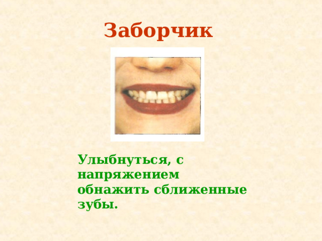 Заборчик Улыбнуться,  с напряжением обнажить  сближенные зубы.   