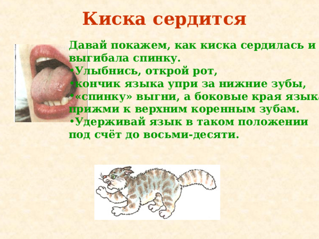 Киска сердится Давай покажем, как киска сердилась и выгибала спинку. Улыбнись, открой рот, кончик языка упри за нижние зубы, «спинку» выгни, а боковые края языка прижми к верхним  коренным зубам. Удерживай язык в таком положении под счёт до восьми-десяти. 