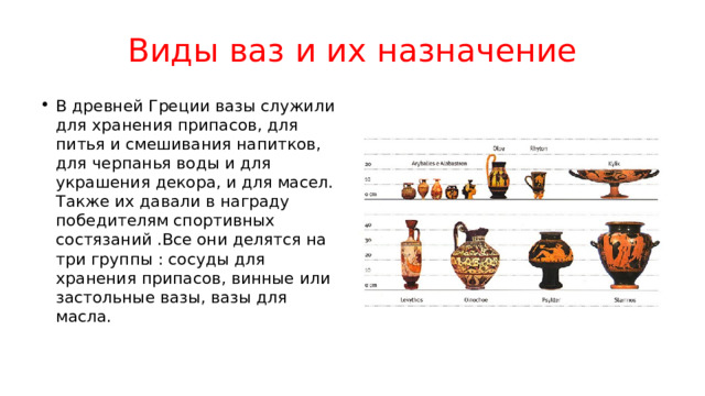 Виды ваз и их назначение В древней Греции вазы служили для хранения припасов, для питья и смешивания напитков, для черпанья воды и для украшения декора, и для масел. Также их давали в награду победителям спортивных состязаний .Все они делятся на три группы : сосуды для хранения припасов, винные или застольные вазы, вазы для масла. 