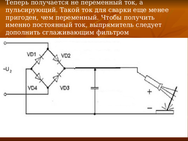 Теперь получается не переменный ток, а пульсирующий. Такой ток для сварки еще менее пригоден, чем переменный. Чтобы получить именно постоянный ток, выпрямитель следует дополнить сглаживающим фильтром (конденсатором).   