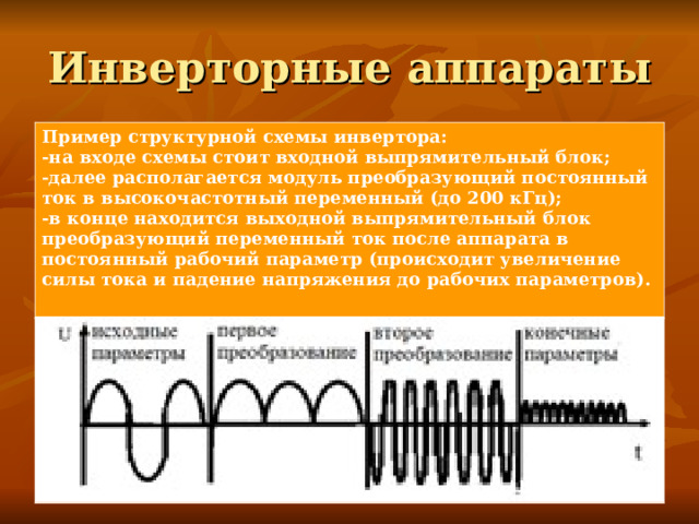 Инверторные аппараты Пример структурной схемы инвертора: -на входе схемы стоит входной выпрямительный блок; -далее располагается модуль преобразующий постоянный ток в высокочастотный переменный (до 200 кГц); -в конце находится выходной выпрямительный блок преобразующий переменный ток после аппарата в постоянный рабочий параметр (происходит увеличение силы тока и падение напряжения до рабочих параметров).  