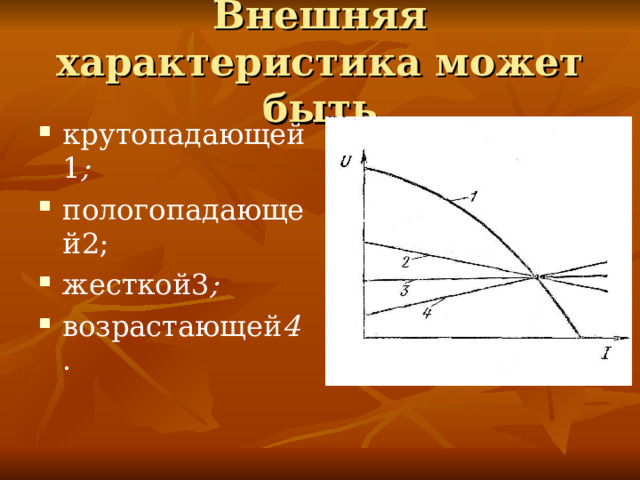 Внешняя характеристика может быть крутопадающей1 ; пологопадающей2; жесткой3 ; возрастающей 4 . 