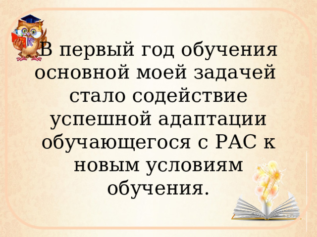В первый год обучения основной моей задачей стало содействие успешной адаптации обучающегося с РАС к новым условиям обучения. 