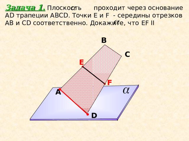 Задача 1. Плоскость проходит через основание А D трапеции АВС D . Точки Е и F - середины отрезков АВ и С D соответственно. Докажите, что EF II В С Е F A А.П. Ершова, В.В. Голобородько «Математика. Самостоятельные и контрольные работы. Геометрия 10 класс»  D 12 